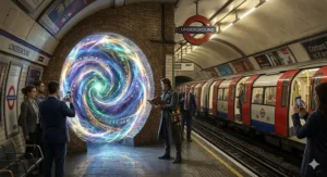 Commuters at a London Underground station watching a swirling magical portal open on the platform.