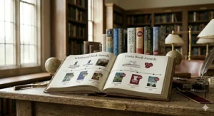 An open historical ledger on a library desk illustrating the transition from the Whitbread Book Awards to the Costa Book Awards with timeline details.
