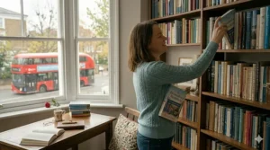 A woman reaching for a book on a tall, dark wood bookshelf in a sunny room, with a red London bus visible through the window.