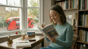 A woman smiling as she signs the inside cover of a women’s fiction paperback with a professional fountain pen.