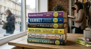 A photorealistic 4K photograph of a stack of six diverse novels shortlisted for the Women's Prize for Fiction, displayed on a worn wooden shelf in a British bookstore with soft natural light.
