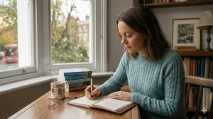 A woman at a wooden desk writing in a leather-bound journal with a fountain pen, next to a stack of books and a steaming mug of tea.