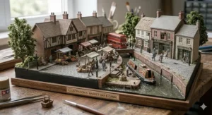 An intricate model of a British canal-side market with a narrowboat, brick warehouses, and a red bus, representing a scenic thriller setting.