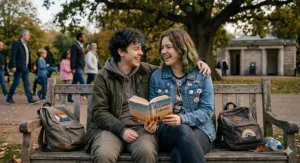 Two diverse teenagers laughing on a wooden park bench in a British public park, holding a YA LGBTQ+ romance novel with school bags and rainbow patches nearby.
