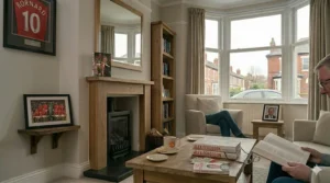 A man reading the Alex Ferguson autobiography in a contemporary UK home, representing the book's availability across physical, digital, and audio formats.