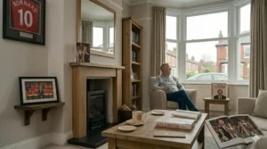 A reader engaging with the Alex Ferguson autobiography next to a framed team photo, highlighting his mentorship of famous players discussed in the book.