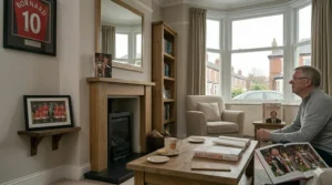 Close-up of the Alex Ferguson autobiography open on a wooden table, showing the high-quality photographic plates included in the hardback edition.