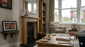 A man reading the Alex Ferguson autobiography in a brightly lit lounge, illustrating the book’s popular leadership and management lessons.