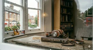 High-quality brown leather headphones resting on a thick music biography titled My Life in Rock, symbolising the popular audiobook editions of music memoirs.