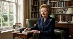 A dignified portrait of Baroness Thatcher in her study, illustrating her life and legacy in contemporary biographies.