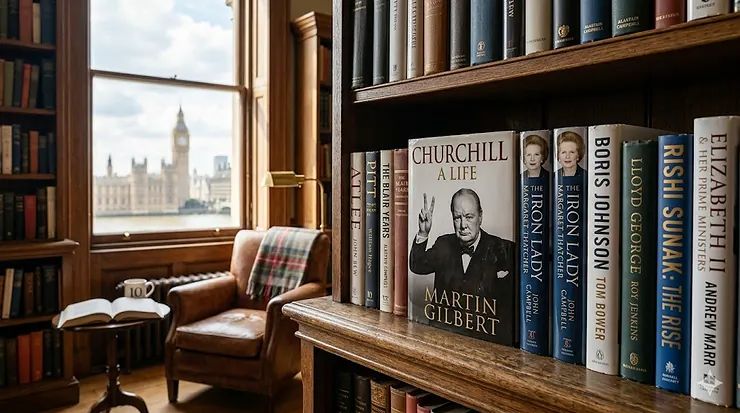 A curated collection of hardback British Prime Minister biographies including books on Winston Churchill and Margaret Thatcher, arranged on a wooden bookshelf with a view of Big Ben through the window. british prime minister biographies