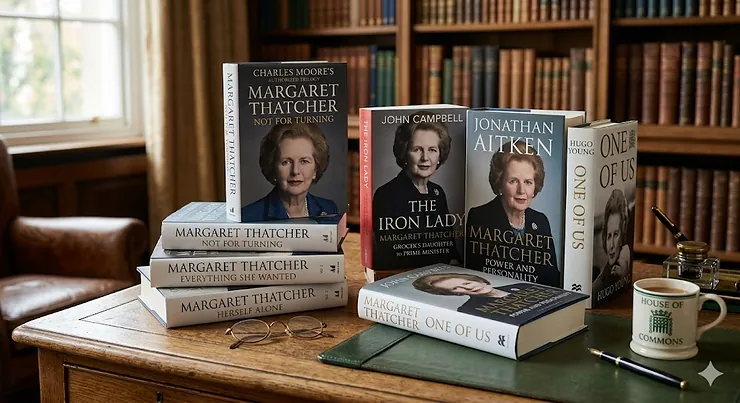 A curated collection of Margaret Thatcher biography books, including the authorised volumes by Charles Moore, displayed on a wooden library shelf. margaret thatcher biography books