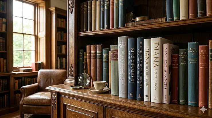 A collection of best-selling royal biography books featuring British monarchs and the modern Royal Family, arranged on a mahogany bookshelf. royal biography books