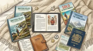 A flat lay on a wool blanket featuring a tablet with an ebook, a stack of physical solo travel memoir books, and a dark blue UK passport.
