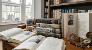 A stack of biography books detailing the lives of famous British generals and military leaders like Montgomery and Wellington, featuring historical maps and a brass compass.