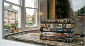 A stack of music legend biography books on a rustic wooden table focusing on British punk, glam rock, and icons like David Bowie and The Clash.