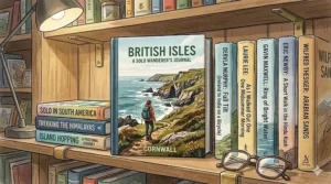 A close-up view of a bookshelf featuring modern solo travel memoir books alongside classic British travel titles like Dervla Murphy's Full Tilt.