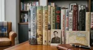 A detailed close-up of World War II British military biography books and veteran memoirs, including titles on the Battle of Britain and Spitfire pilots, accompanied by a vintage service portrait and cap badge.