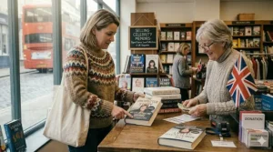 A customer purchasing a celebrity memoir at a traditional British bookshop counter with a red double-decker bus visible outside.