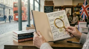 A detailed infographic showing quarterly sales trends for British celebrity memoirs held inside an open book.