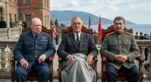 Alt text for image 7: Winston Churchill in military uniform seated alongside Franklin D. Roosevelt and Joseph Stalin during a wartime conference.