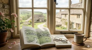 An open travel memoir book featuring a sketch of the rolling hills of the Cotswolds on a rustic windowsill.
