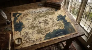 An illustrative map of a secondary fantasy world with sprawling kingdoms and mountain ranges.