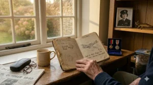 A classic sheepskin Irvin flying jacket and leather flying helmet, iconic gear often described in RAF pilot memoirs.