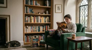 A warm, colourful illustration of a magical library with floating books and comfortable armchairs.
