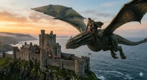 A large dragon flying over a medieval-style castle under a dramatic sunset.
