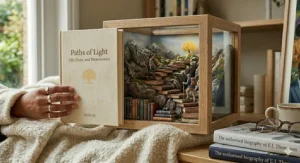 A close-up illustration of a reader’s hand holding a bookmark in a memoir, suggesting the deep emotional connection found in true life stories.