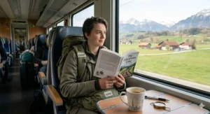 A backpacker reading a travel memoir while travelling on an Interrail train journey through the European countryside.