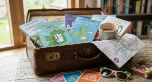 A vintage leather suitcase overflowing with humorous travel books, a London Underground map, and a tin of traditional sweets.