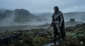 Dark and atmospheric digital art showing a knight in weathered armour standing on a misty moor.