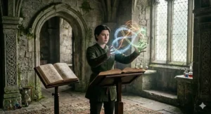 A character practicing elemental magic, showing intricate sparks and visualised energy patterns.