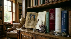 A large open biography featuring a portrait of Henry VIII, accompanied by a silver inkwell, quill, and books on Tudor Queens.