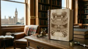 An open book featuring a detailed sepia illustration of the House of Commons chamber, resting on a leather-topped desk.