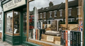 A traditional British independent bookshop window display, The Vinyl Word, showcasing a curated collection of music legend biography books.