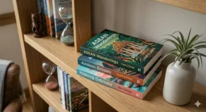 A selection of colourful travel memoir book covers set in Southeast Asia and South America displayed on an oak bookshelf.