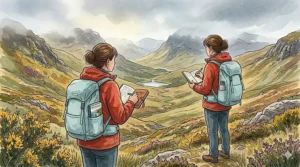 A hiker standing on a windswept hill in the Scottish Highlands, holding a journal and looking out over a vast valley, evoking the spirit of solo travel memoirs.