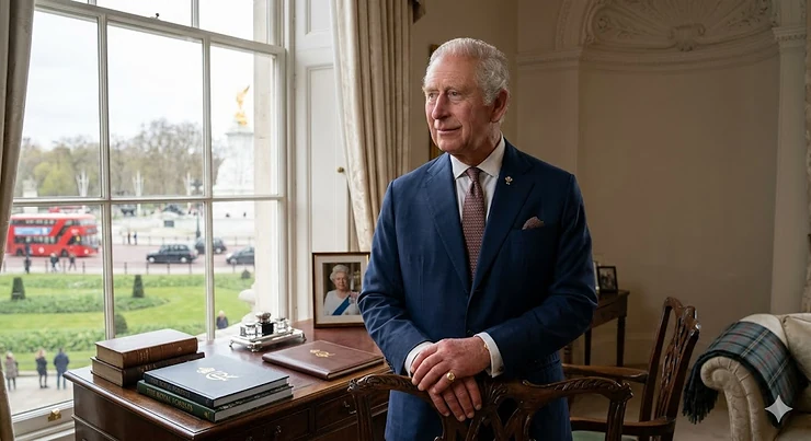 King Charles III stands thoughtfully by a window in Buckingham Palace overlooking the Victoria Memorial and a red London bus. A portrait of Queen Elizabeth II is visible on his desk, symbolising continuity in this definitive biography image. king charles biography