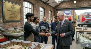 An alternative view of the King engaging with modern British makers and creators at a Prince's Trust regeneration centre in the Lea Valley.