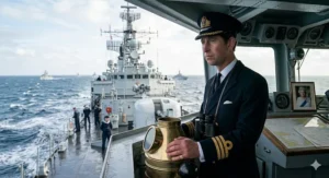 A professional shot of King Charles III in his Royal Navy commander's uniform on the bridge of a ship at sea, highlighting his military service record.