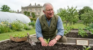 King Charles III planting a seedling in the organic gardens at Highgrove House, reflecting his lifelong commitment to environmental sustainability and organic farming.