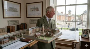 King Charles III examining an architectural model of Poundbury, his urban planning project in Dorset, demonstrating his influence on traditional British architecture.