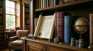 A reproduction of King George III’s private correspondence on a scroll, placed next to books about Kings, Queens, and the Court.