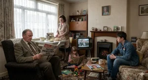 A stylised illustration of 1980s Britain, capturing the domestic social and economic landscape defined by Thatcherism.