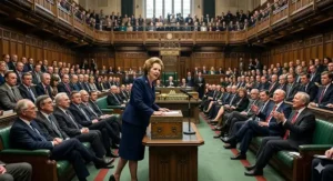 An illustration of Margaret Thatcher addressing the House of Commons, a central theme in political biography books.