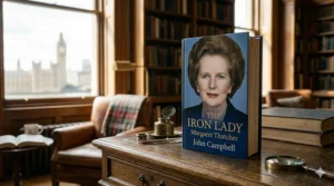 The biography "The Iron Lady" by John Campbell, featuring a portrait of Margaret Thatcher, positioned prominently in a traditional British library.
