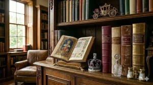An open illustrated manuscript showing a medieval British king, displayed on a velvet cushion next to a royal crystal decanter.